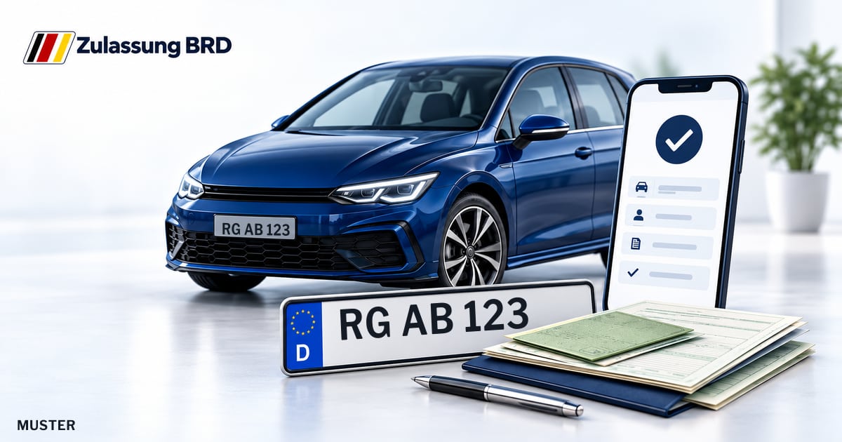 Online Fahrzeugzulassung in Coswig: Musterkennzeichen RG AB 123, Auto und Fahrzeugpapiere und Smartphone. Illustration mit Logo von Zulassung BRD.